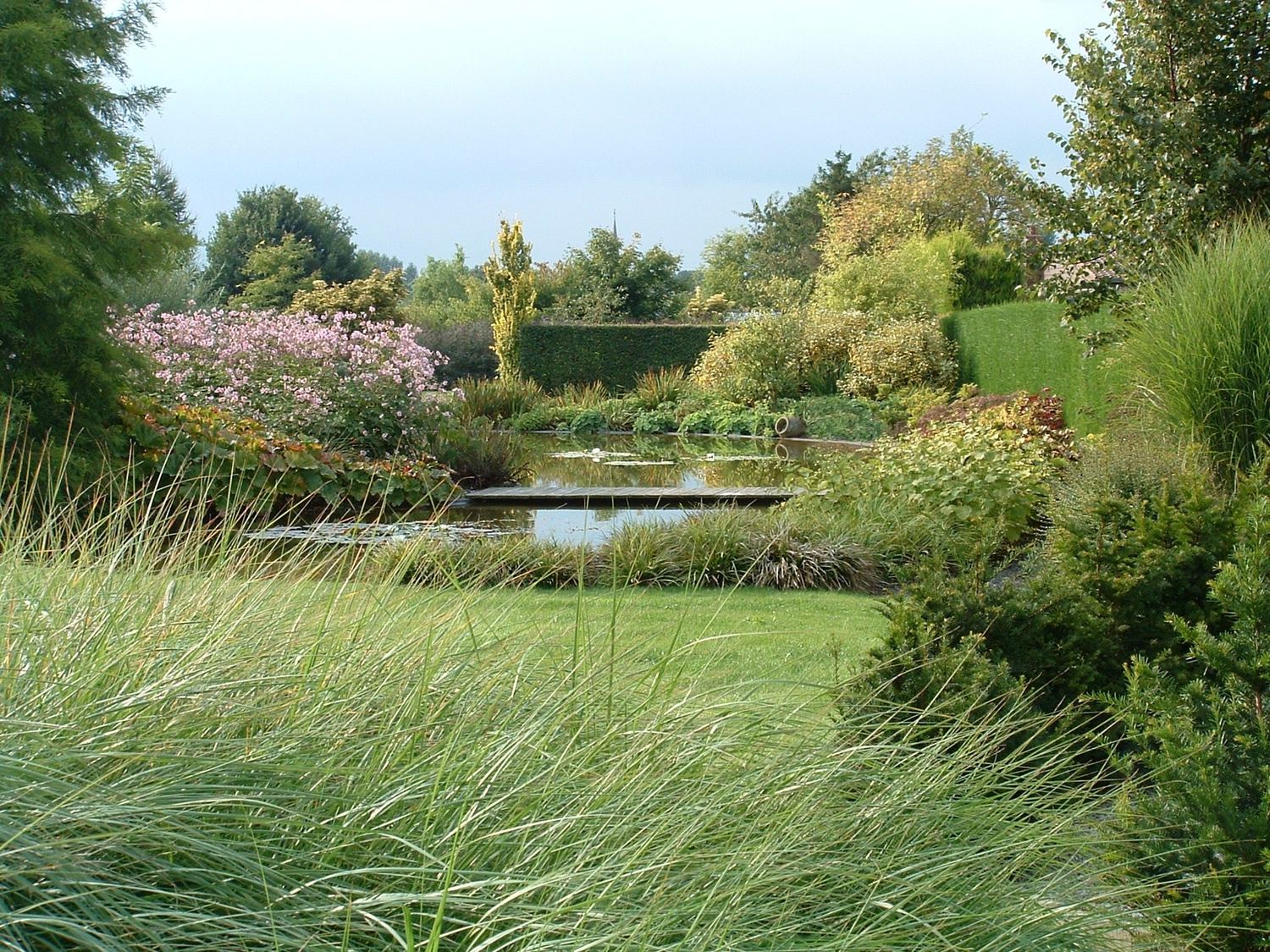 Vlonderbrug over de vijver in een landschapstuin — realisatie Jardim
