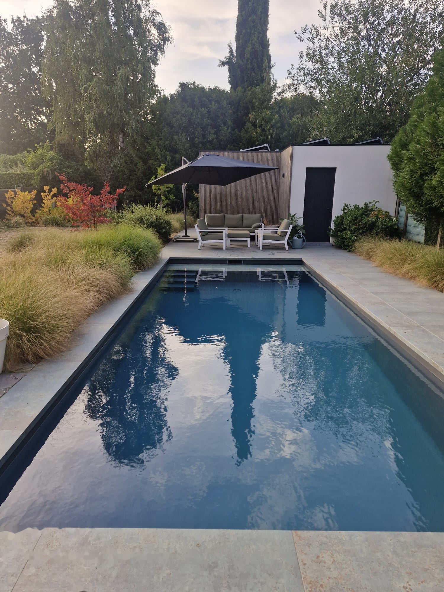Zwembad met poolhouse, terras en siergrassen — realisatie Jardim